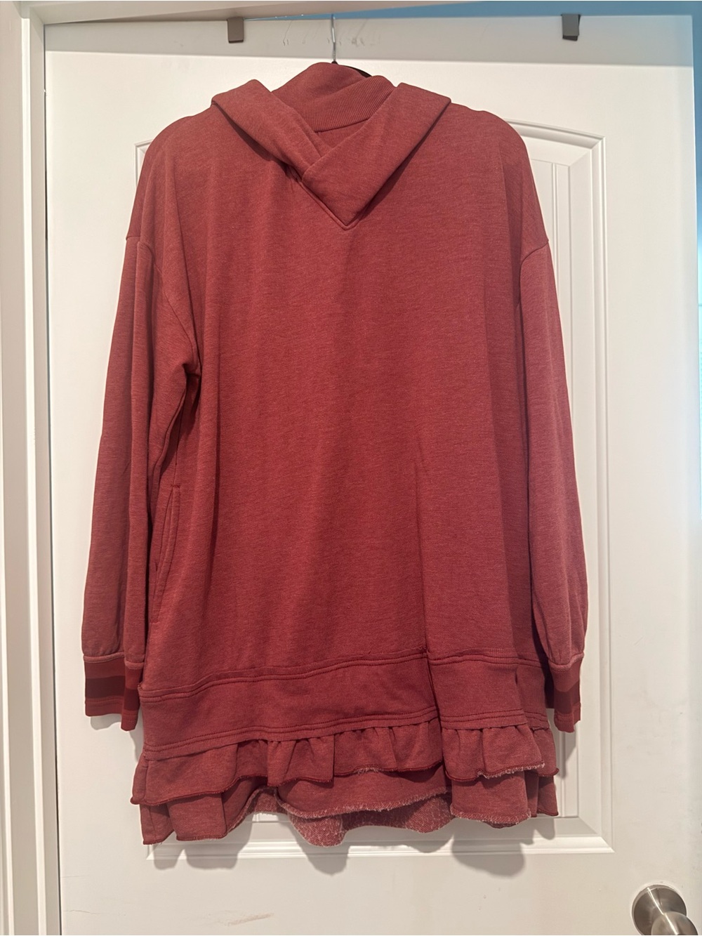 Daily Practice Ruffled Hem Hooded Pullover Dress in Mulberry